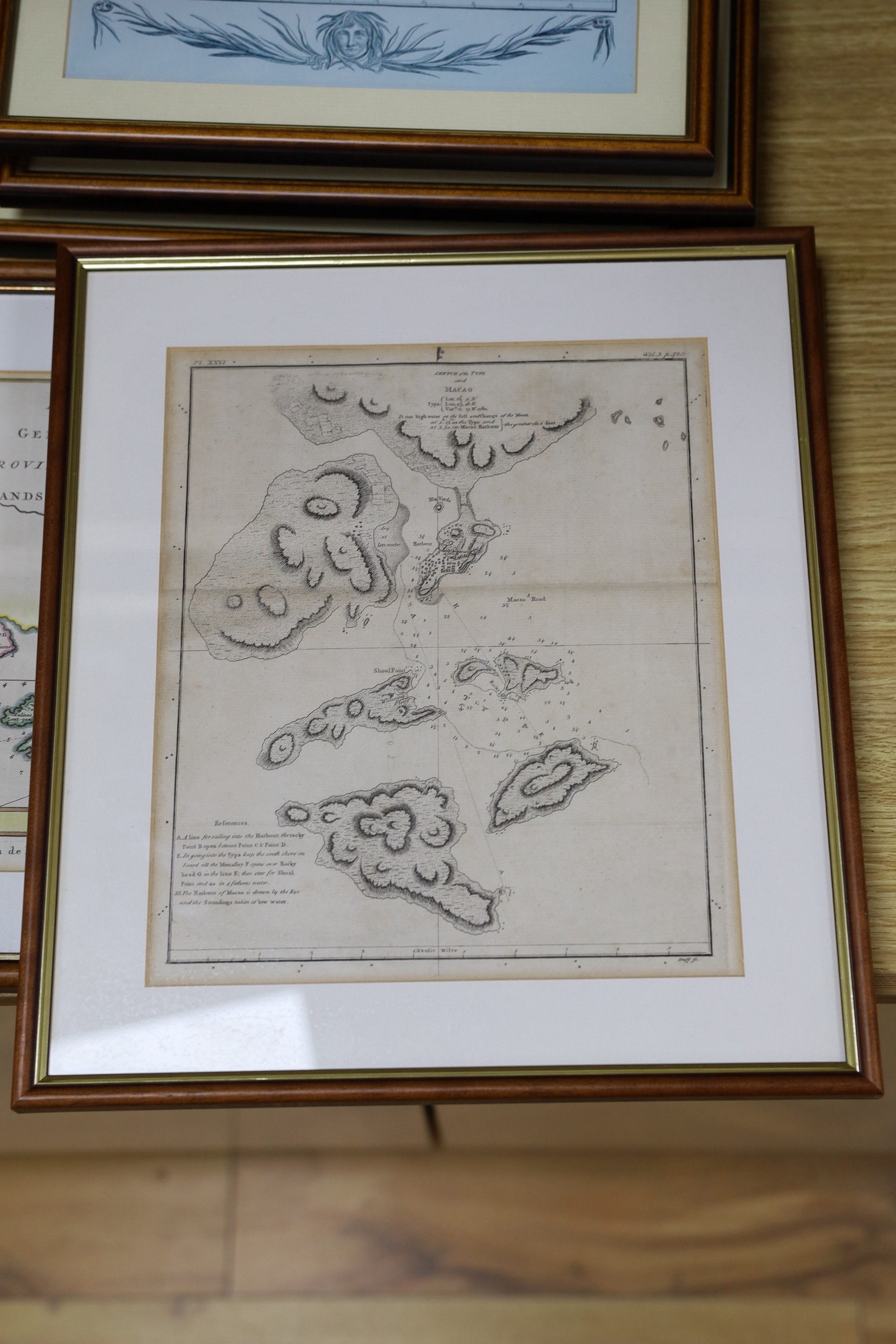 Nicholas Bellin, coloured engraving, Map of the Islands of the Riviere de Canton 1752 (c.1764), 22 x 31cm, an engraved map of Macao, 27 x 22cm and five reprints of maps of Macao